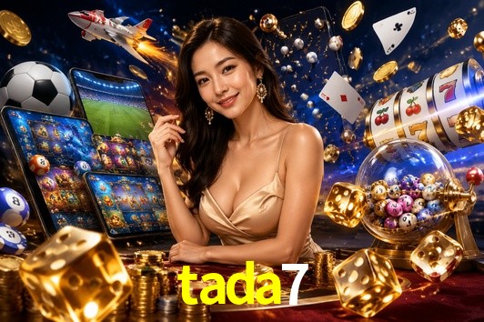 Una escena digital vívida inspirada en casino con tada7 mostrado prominentemente, luces brillantes, fichas, cartas y acentos dorados.