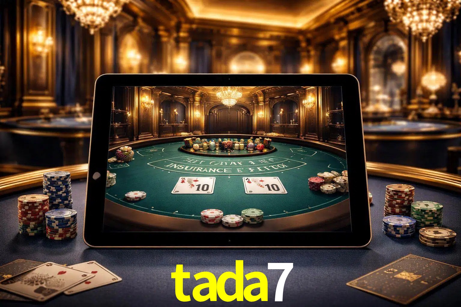 Configuración moderna de casino en vivo con una tableta mostrando una mesa de blackjack, luces cálidas de estudio y una atmósfera elegante de juegos digitales.