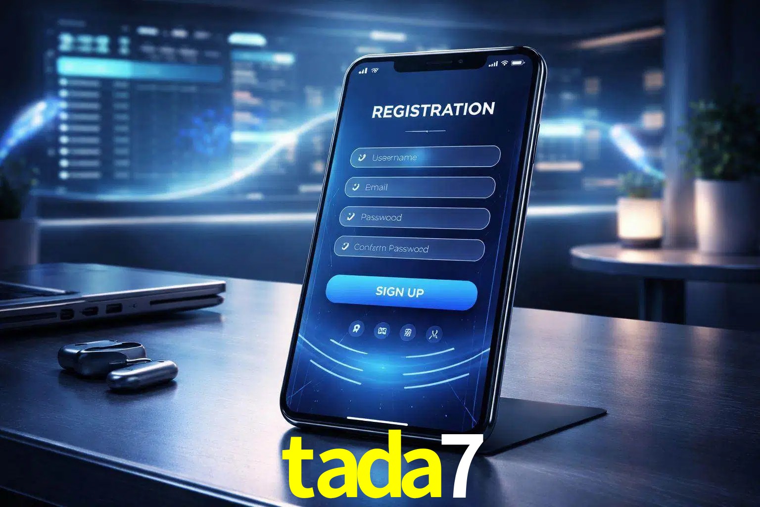 Una interfaz moderna de registro móvil para tada7 mostrada en un smartphone con un panel de apuestas elegante.